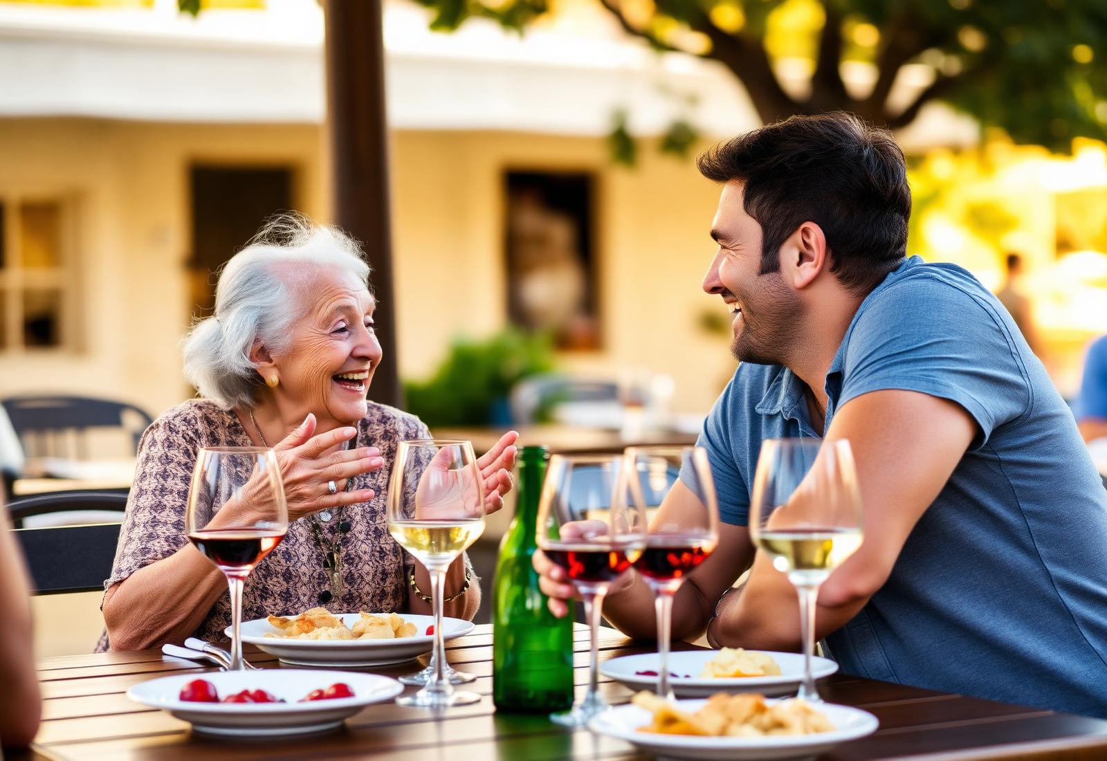 An elderly local woman laughing with a traveler over wine at an outdoor lunch table