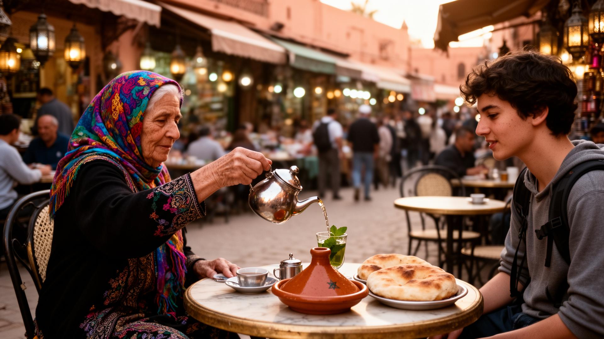 An elderly Moroccan woman pouring mint tea for a traveler in a Marrakech courtyard