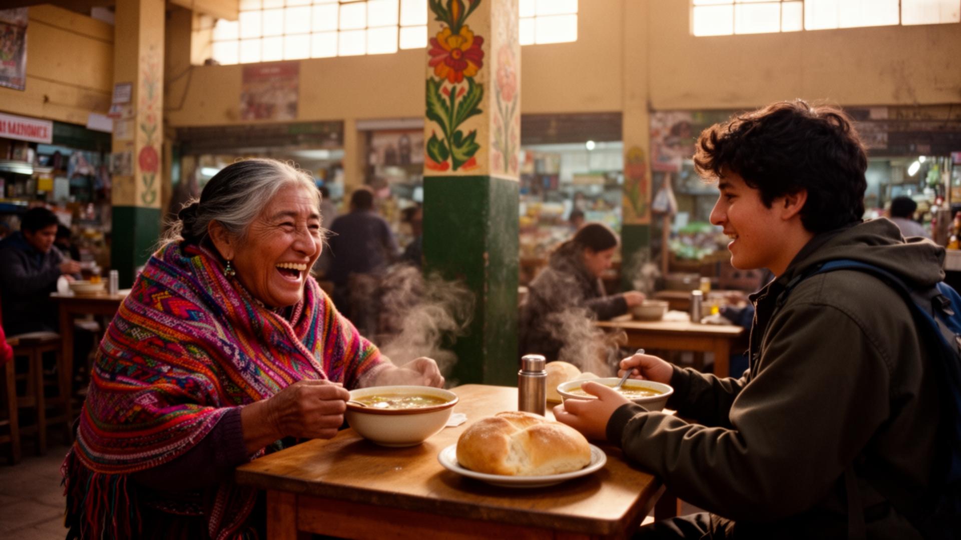 An elderly Andean woman laughing over soup with a guest