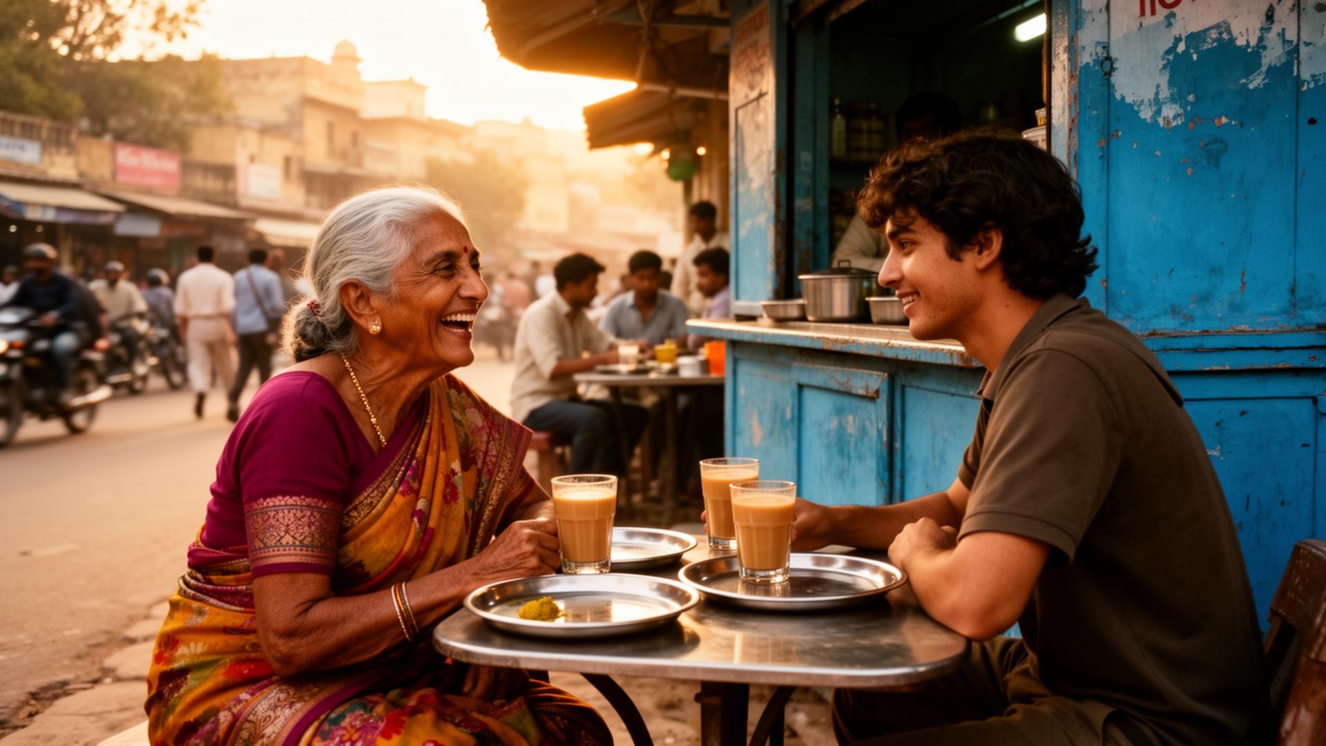 An elderly Indian grandmother laughing across a table with a traveler over thali and chai