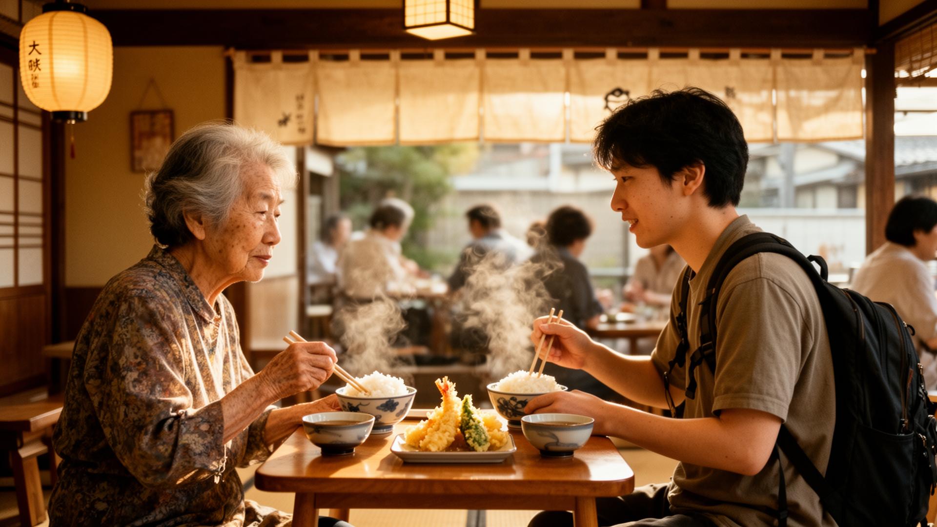 An elderly Japanese woman sharing a homemade lunch with a younger guest in a Kyoto kitchen