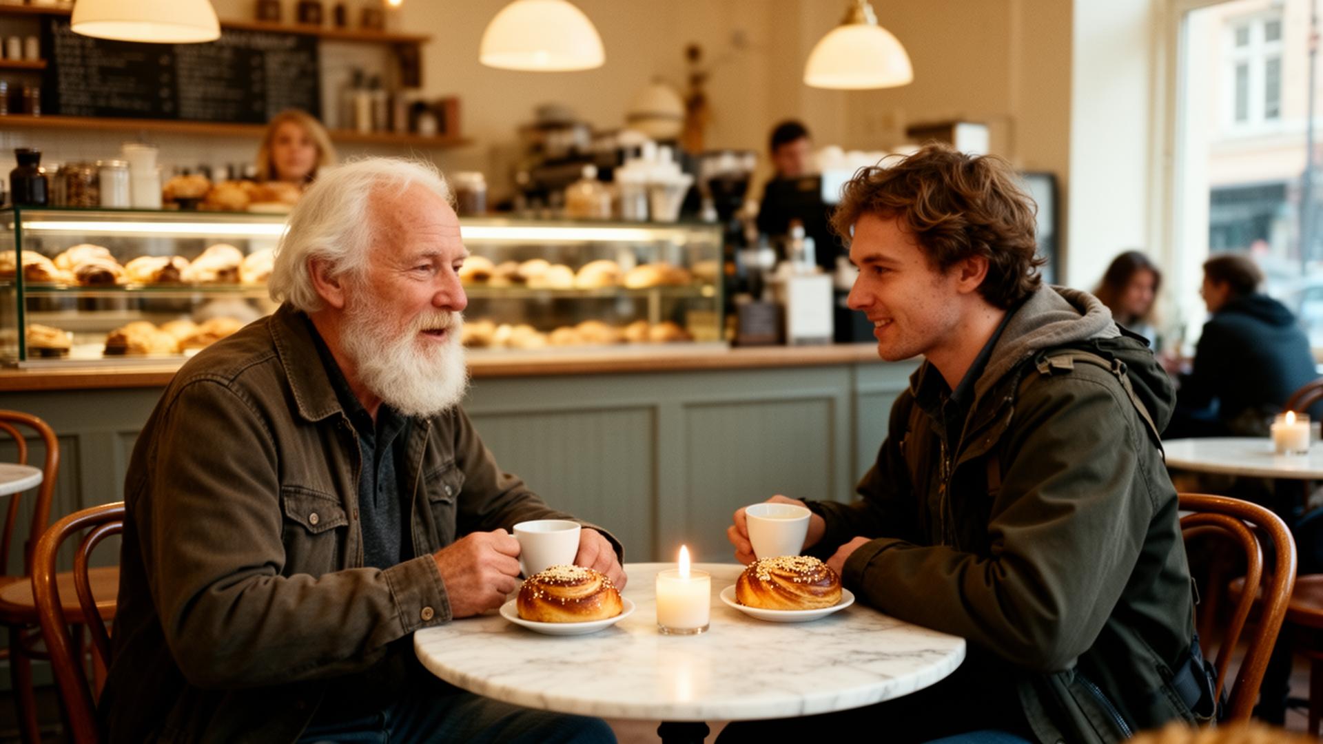 An elderly Nordic man sharing coffee and cardamom buns with a traveler at a kitchen table